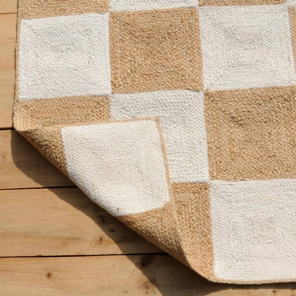 Beige och vit rutig jute-matta - Bild 3