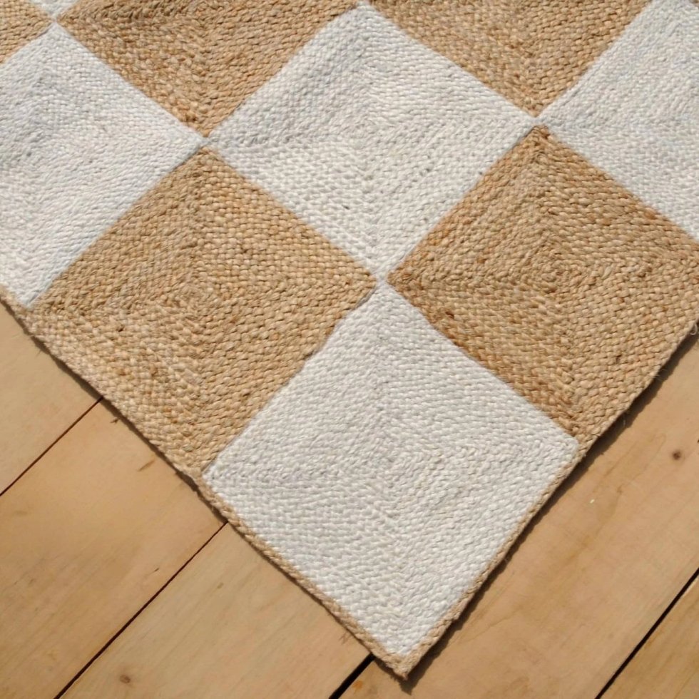 Beige och vit rutig jute-matta - Bild 4