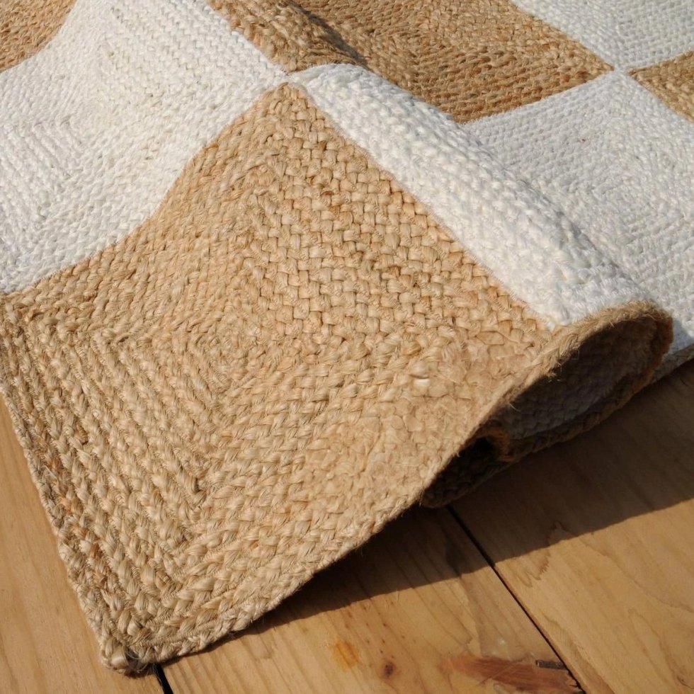 Beige och vit rutig jute-matta - Bild 5