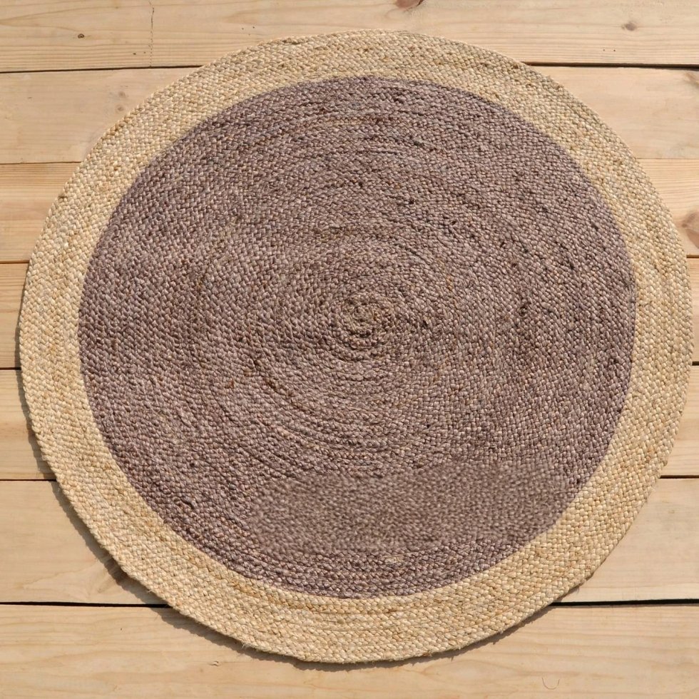 Chokladbrun rund jute-matta med beige kant - Bild 2