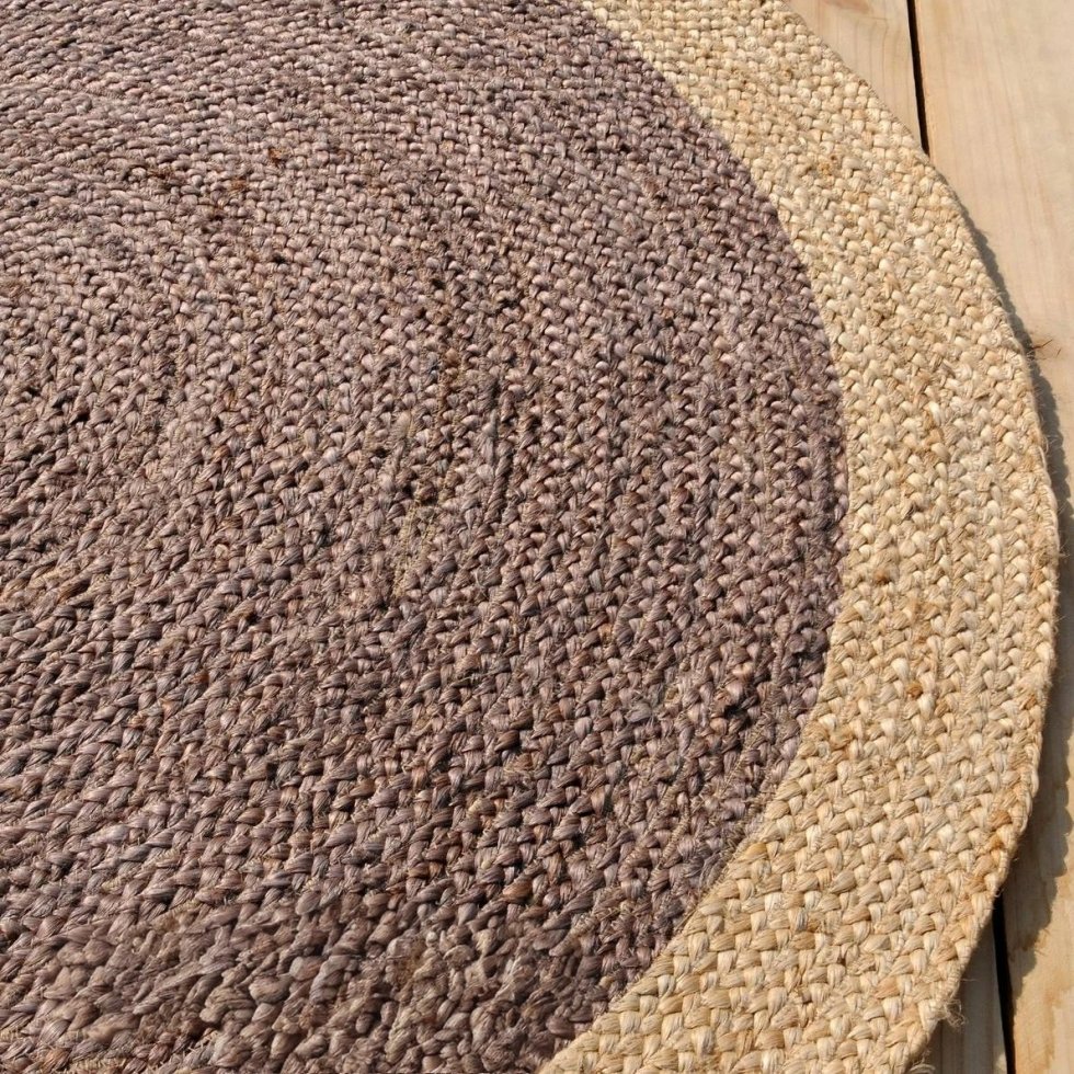 Chokladbrun rund jute-matta med beige kant - Bild 4