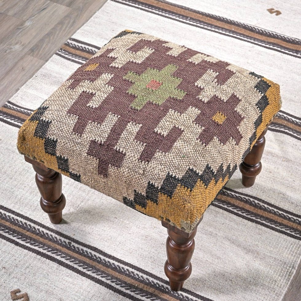 Elfenben fyrkantig utsmyckad fotpall i jute ottoman - Bild 3