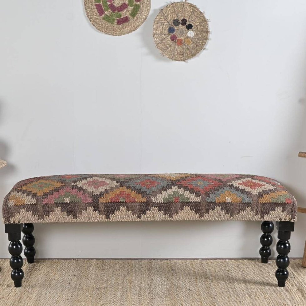 Mångfärgad ottoman bänk i diamantull och jute - Bild 3