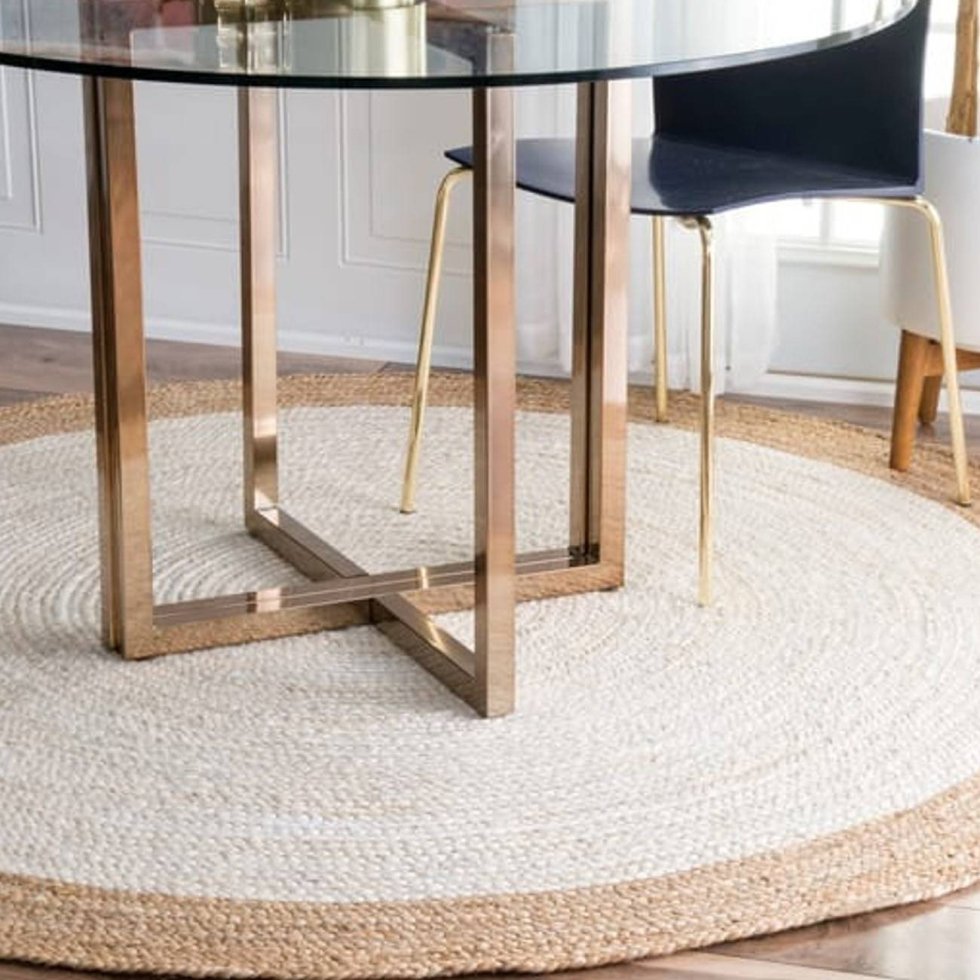 Vit rund jute-matta med beige kant