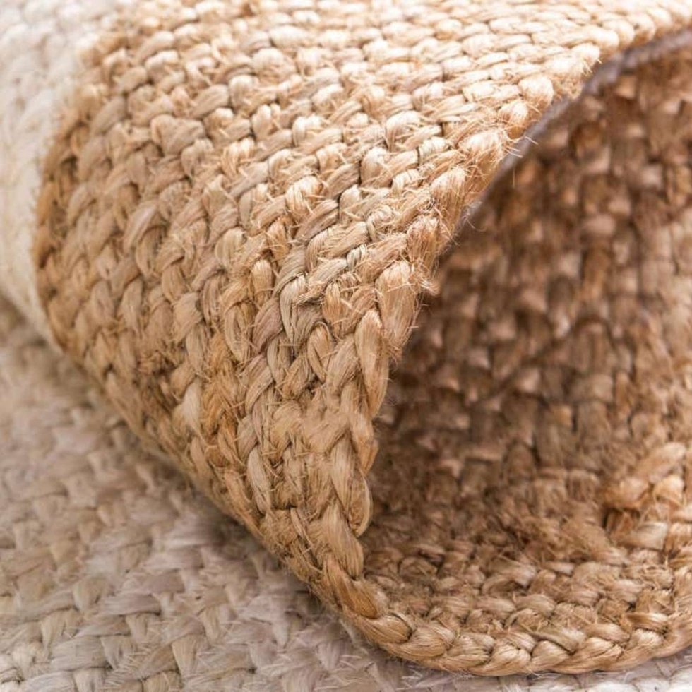 Vit rund jute-matta med beige kant - Bild 4
