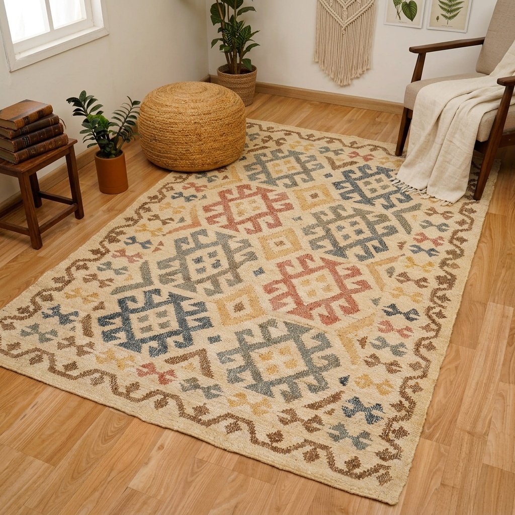Beige aztecmönstrad matta i bomull och jute Beige aztec cotton and jute rug