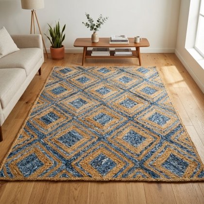Blue diamond chindi jute rug