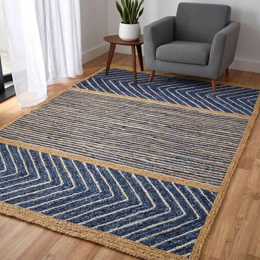Flätad blå chevron- och randig jute-matta Braided blue chevron and striped jute rug