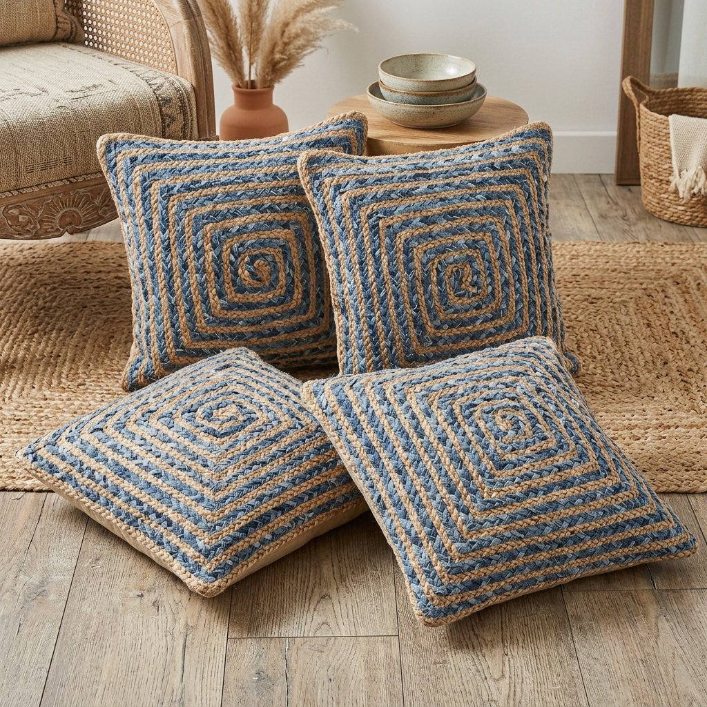 Kuddar i flätad denim och jute Braided denim jute pillows set