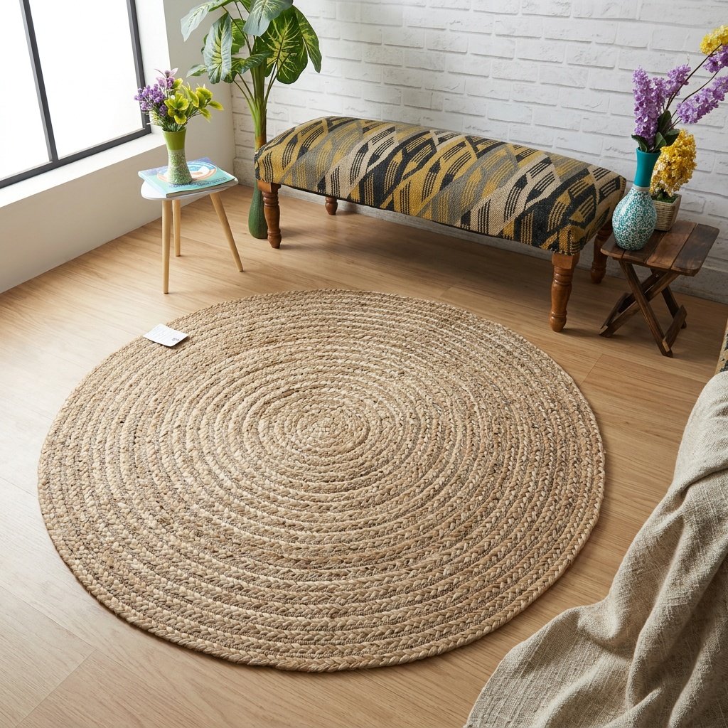 Flätad rund jute-matta Braided round jute rug