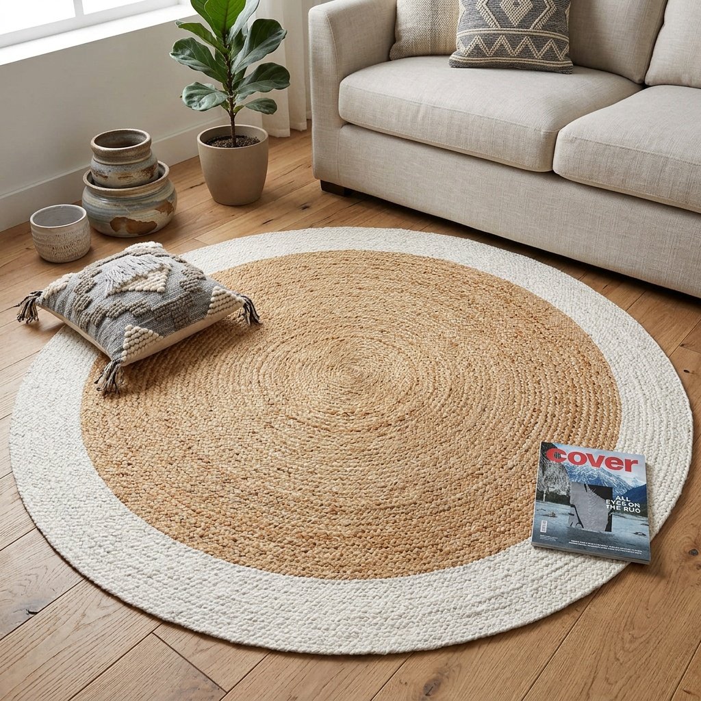 Flätad vit kant rund jute matta Braided white border round jute rug