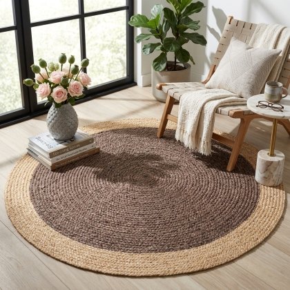Chocolate brown round jute rug with beige border