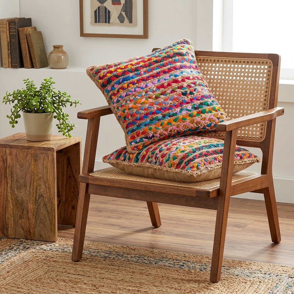 Färgglada kuddar i flätad jute från chindi Colorful chindi braided jute pillows set