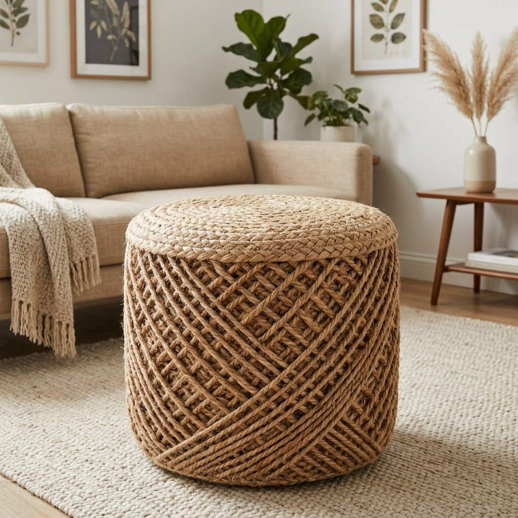 Rund sittpuff Ottoman i jute med sladd Corded jute round pouf ottoman