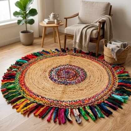 Cotton jute rug round with multicolor tassels