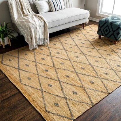 Diamond jute area rug with charcoal dots