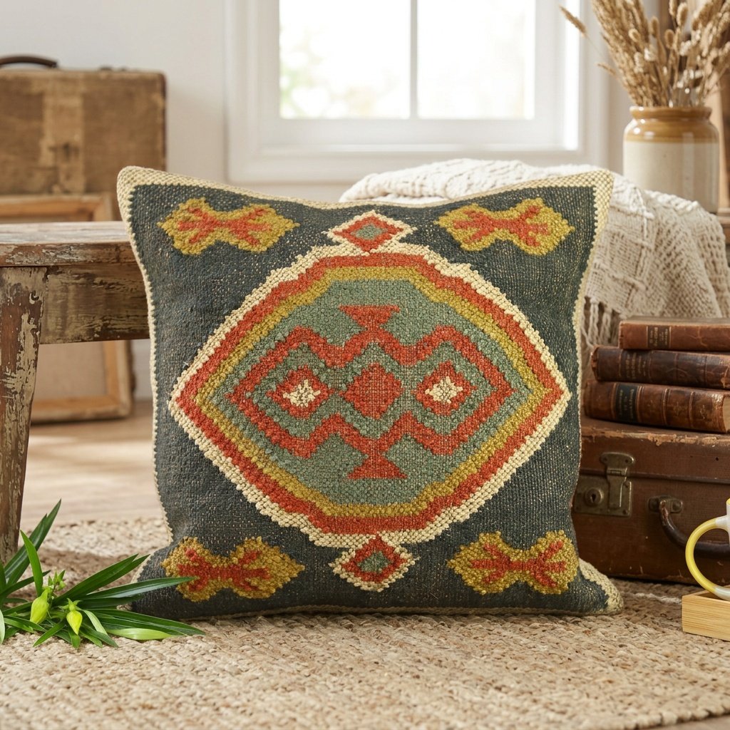 Kelimkudde i etniskt ull- och jutematerial Ethnic wool and jute kilim pillow