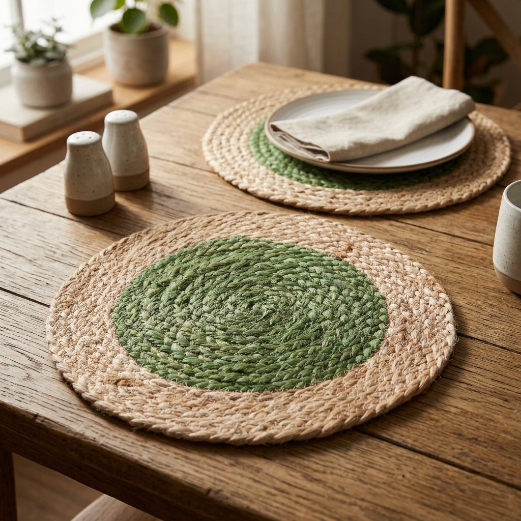 Gröna runda bordstabletter i jute Green round jute placemats