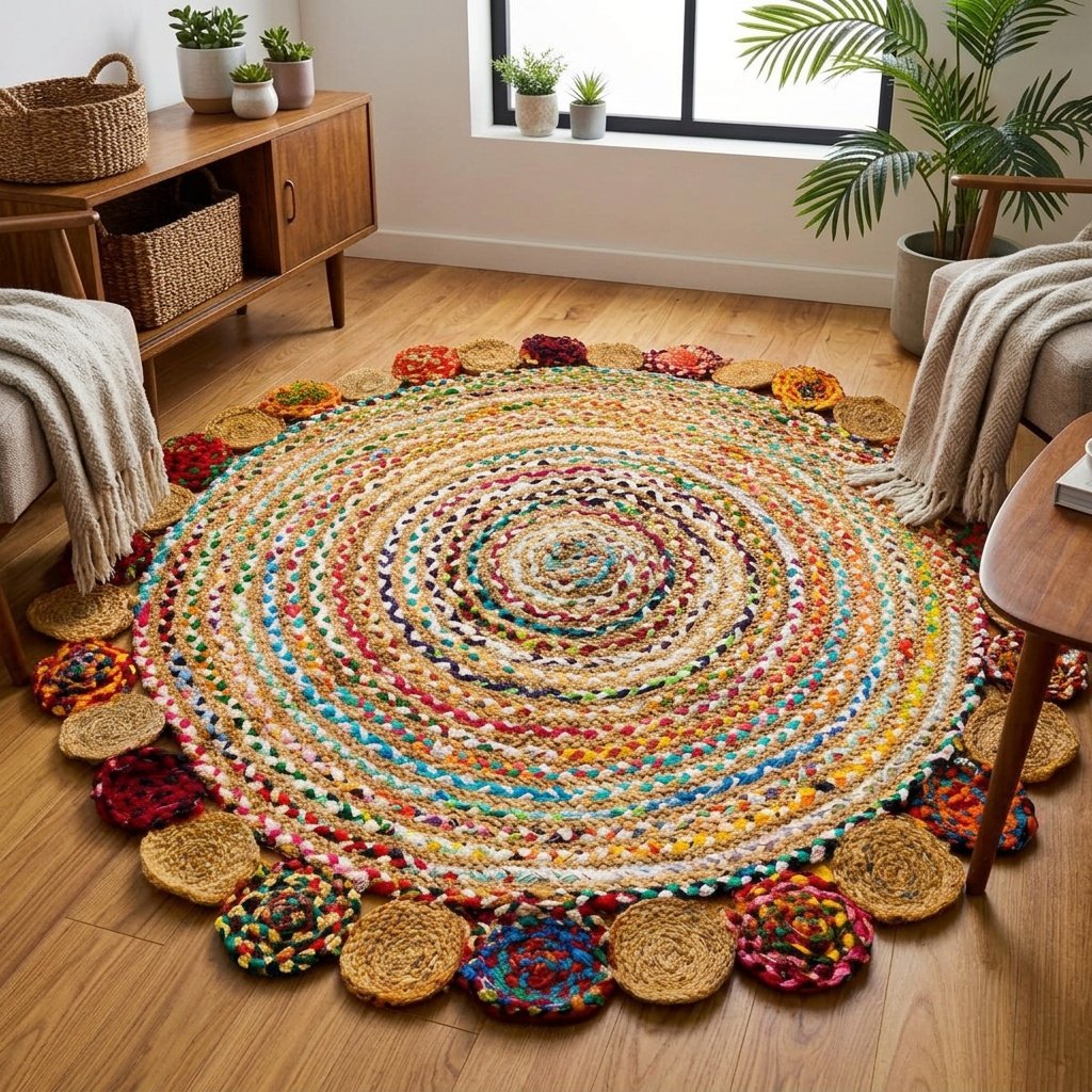 Handflätad rund matta i chindi Hand braided chindi round rug