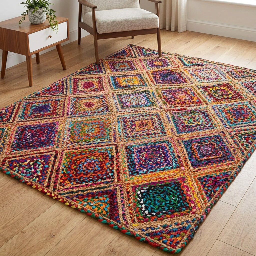 Mångfärgad diamantmatta i bomull och jute Multicolor Diamond cotton and jute rug