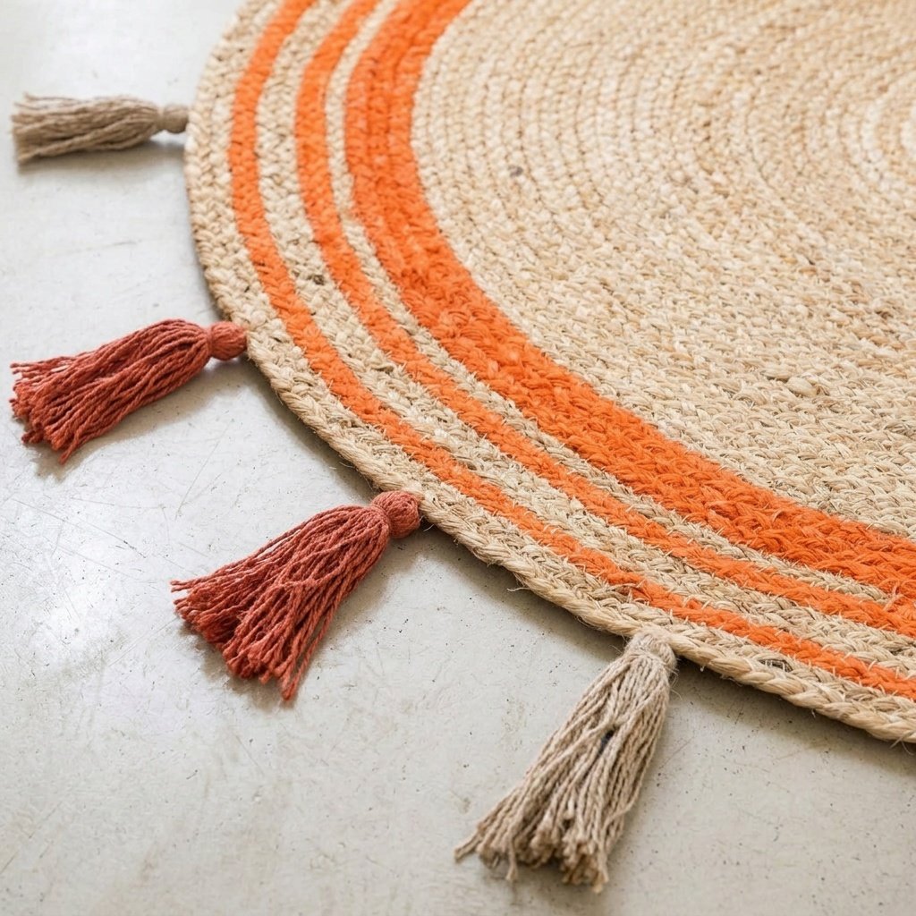 Orange flätad rund jute matta med tofsar Orange trim braided round jute rug with tassels