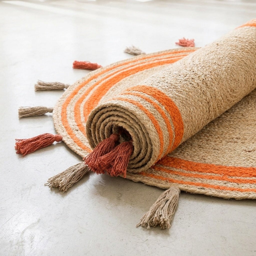 Orange flätad rund jute matta med tofsar Orange trim braided round jute rug with tassels