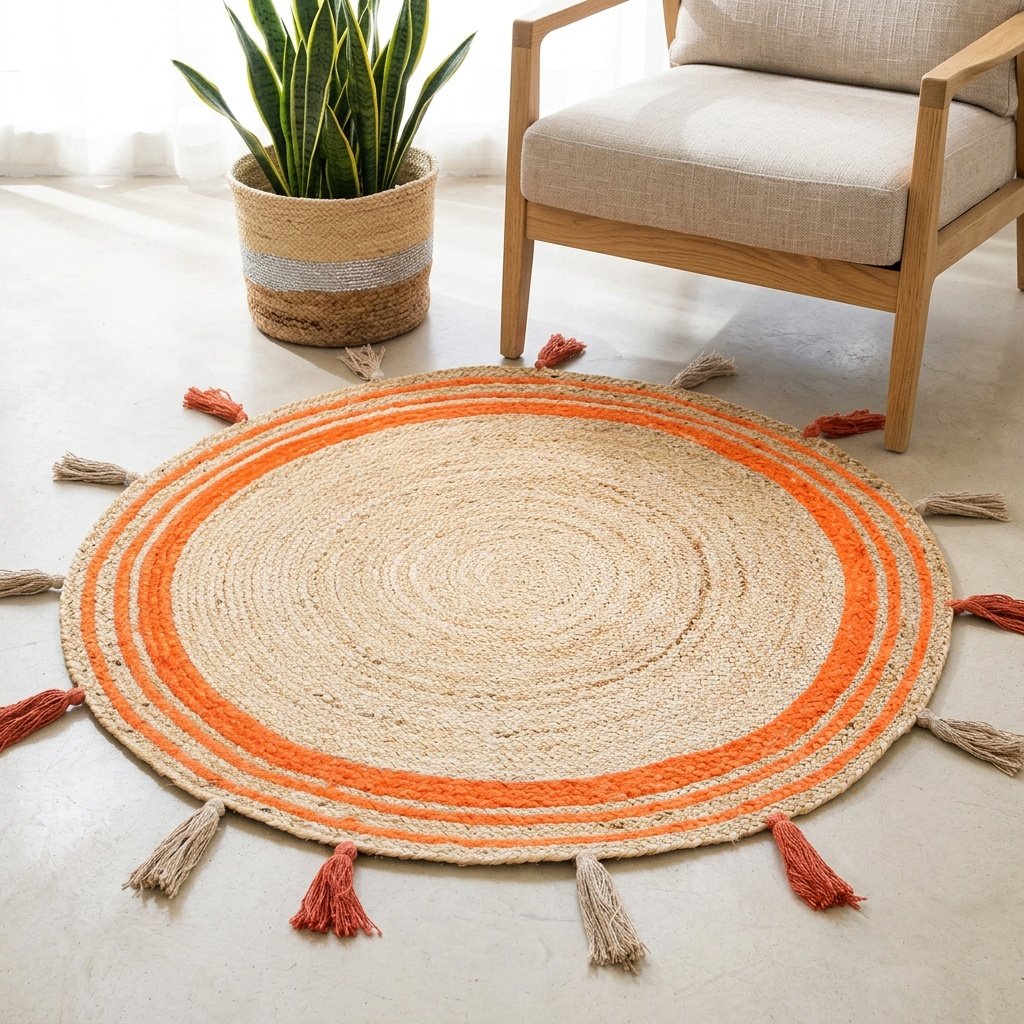Orange flätad rund jute matta med tofsar Orange trim braided round jute rug with tassels