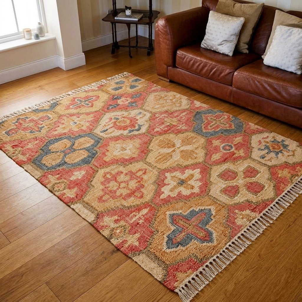Bomulls- och jutmatta med rött trellismönster Red trellis pattern cotton and jute rug