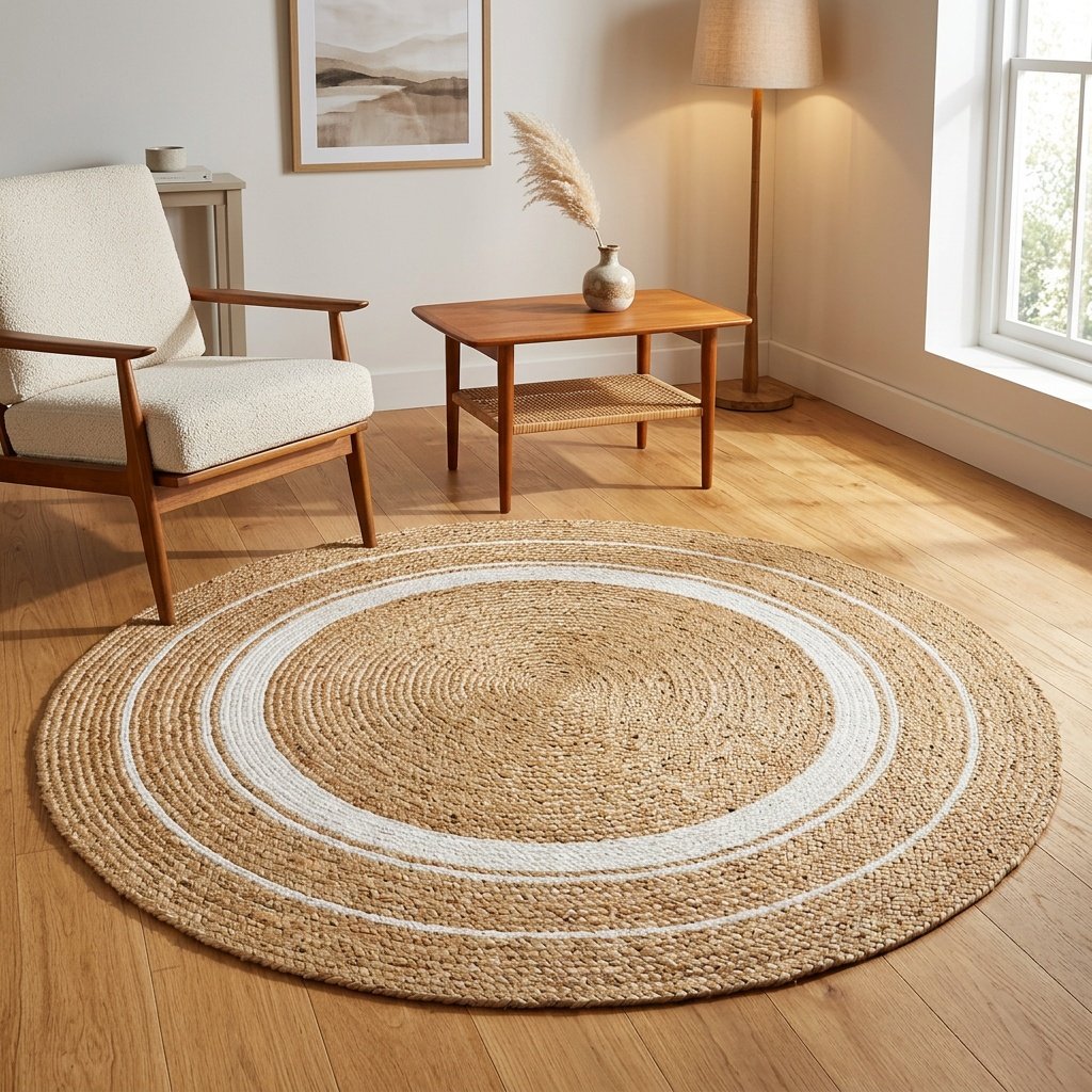 Rund matta i jute med vit kant Round jute rug with white trim
