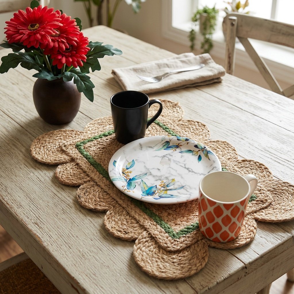 Vågformade bordstabletter i jute med grön kant Scalloped jute placemats with green trim