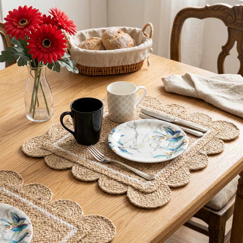 Vågformade bordstabletter i jute med vit kant Scalloped jute placemats with white trim
