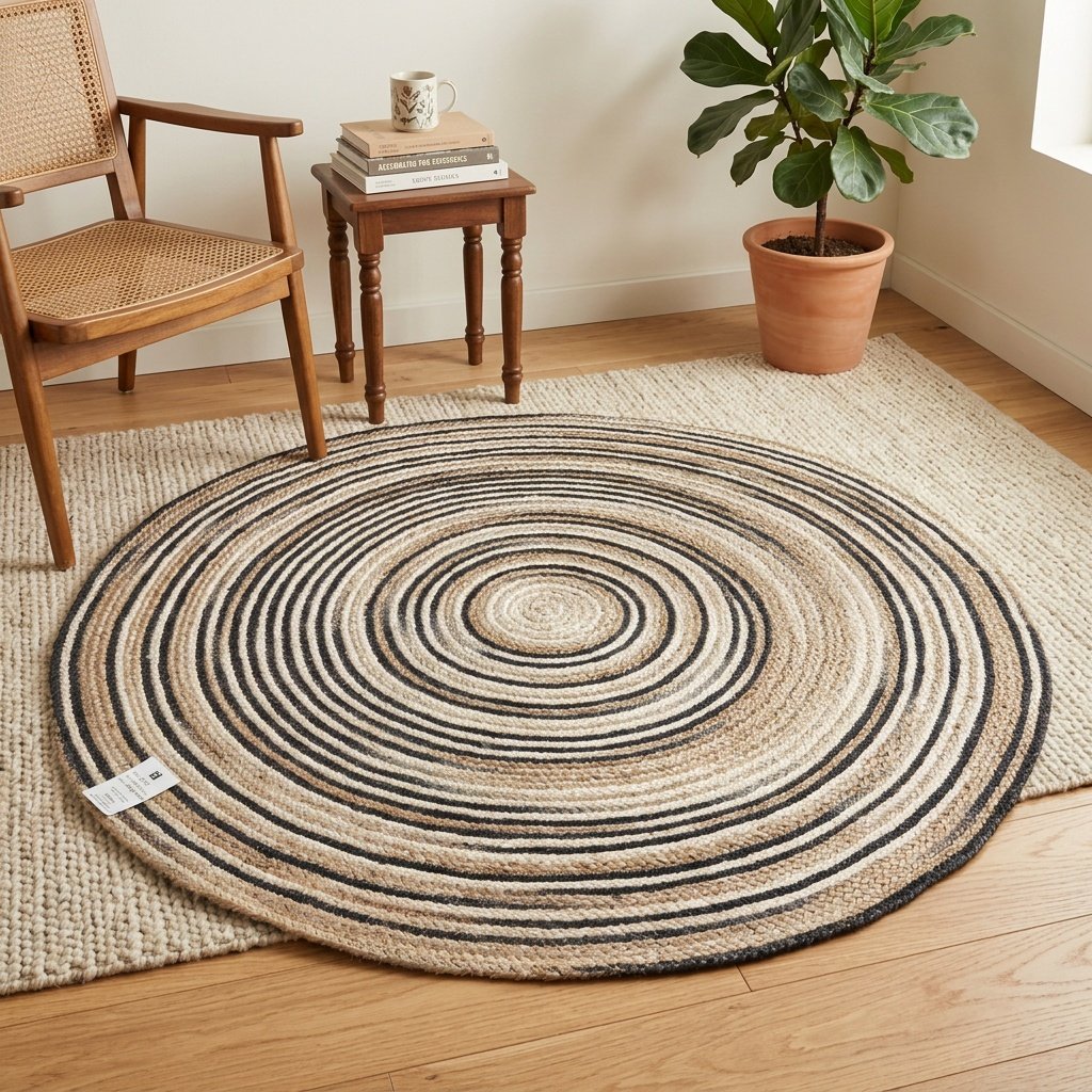 Randig rund matta i jute Striped jute round rug