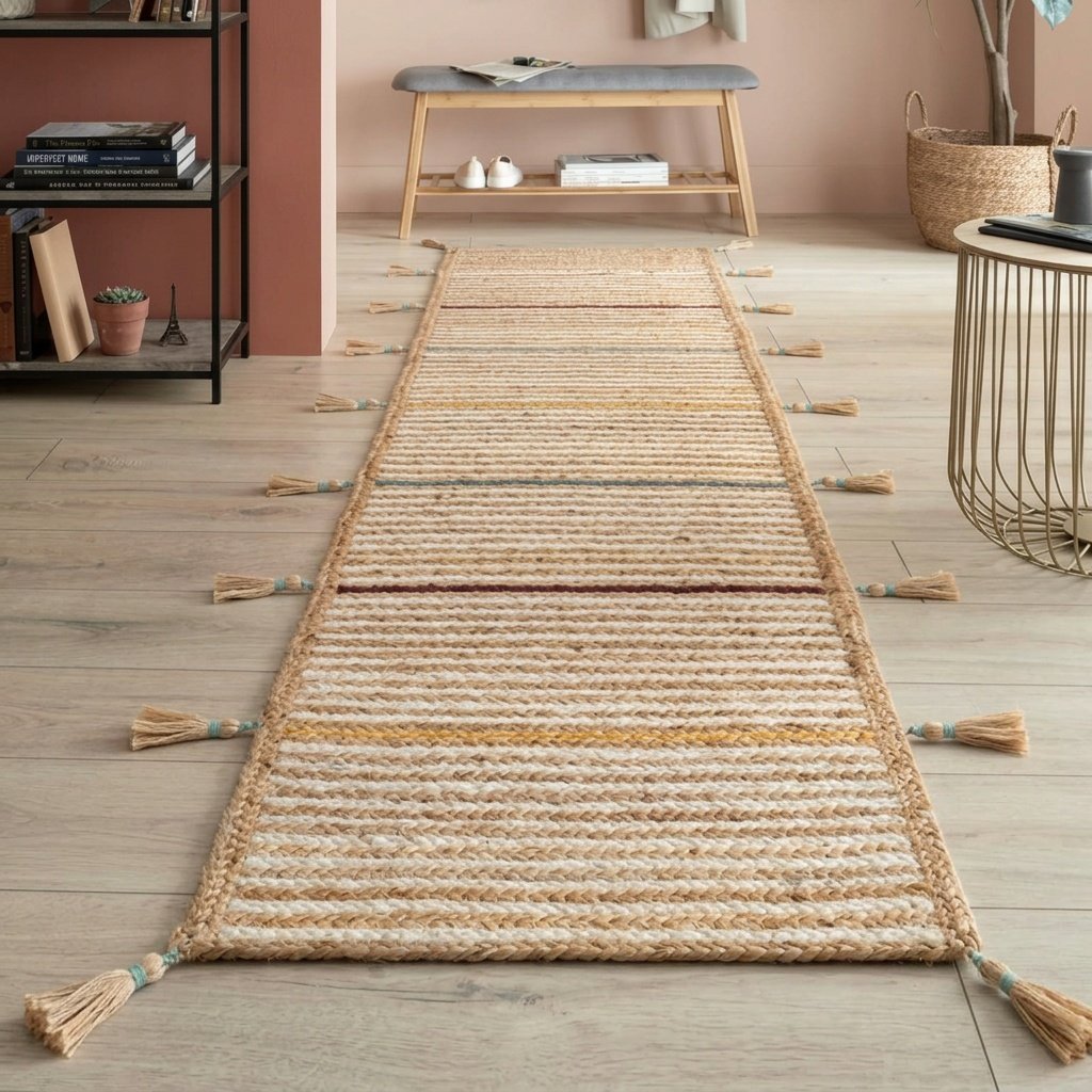 Randig juteklädd matta med tofsar Striped jute rug with tassels