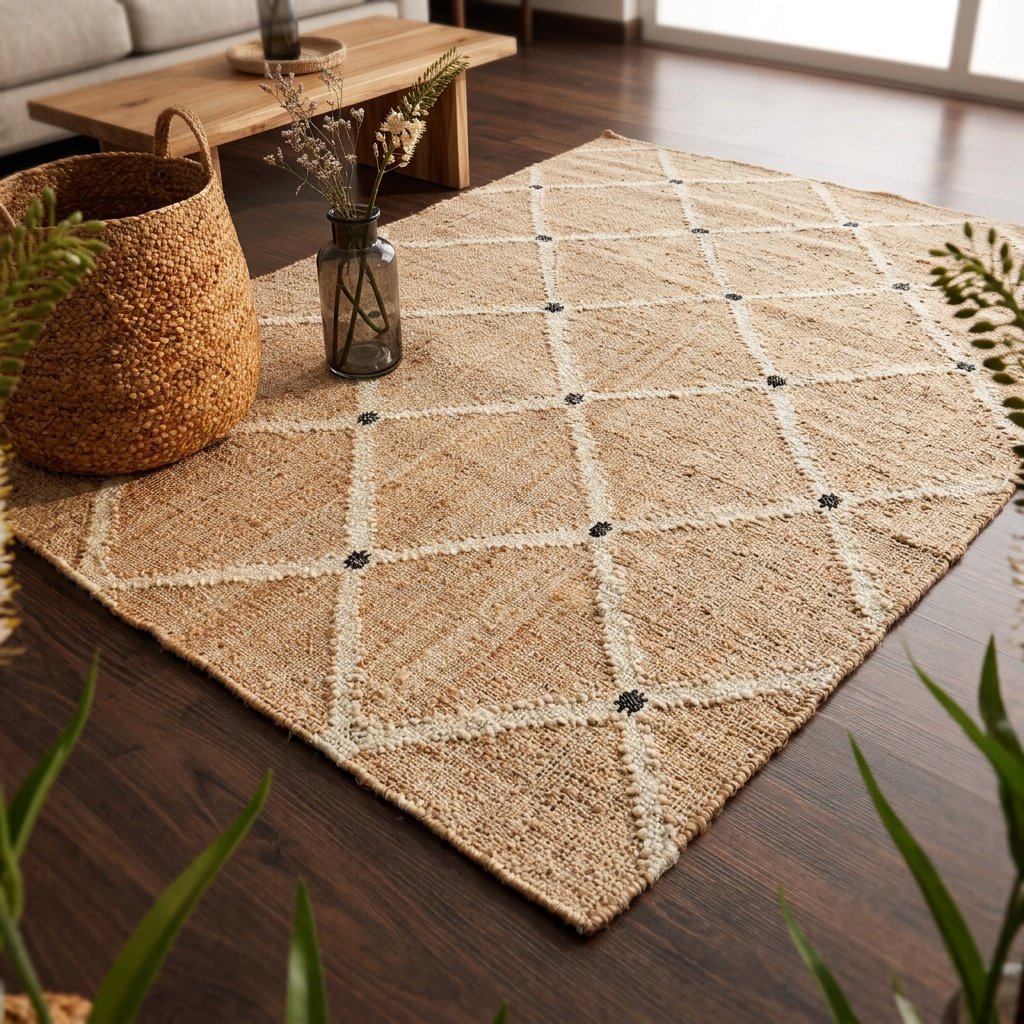 Diamantfärgad matta i bomullsjute Tan diamond cotton jute area rug