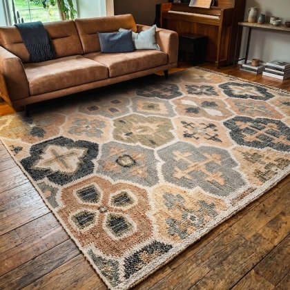 Tan trellis pattern cotton and jute rug