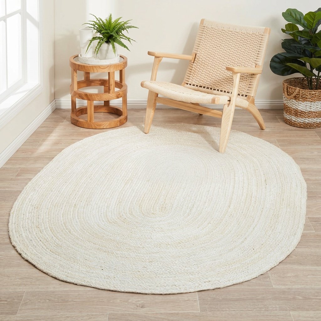 Vit flätad jute matta oval White braided jute rug oval