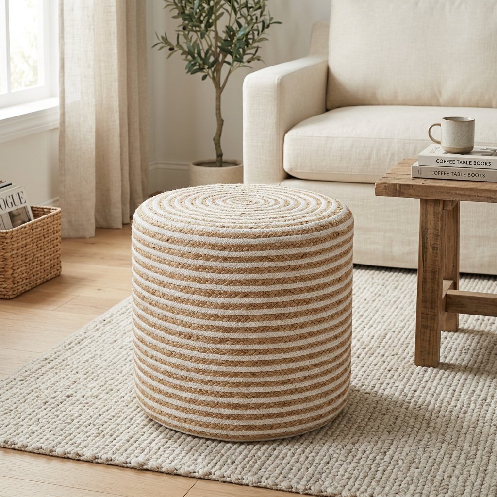 Vitrandig ottoman i flätad bomull och jute White striped braided cotton and jute ottoman