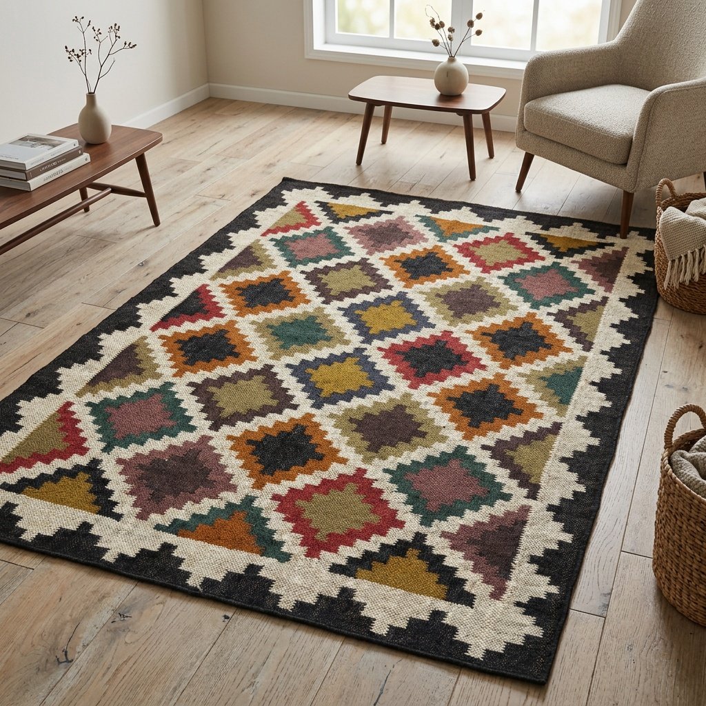 Kelimmatta av ull och jute med diamantmönster Wool jute kilim rug with diamond pattern