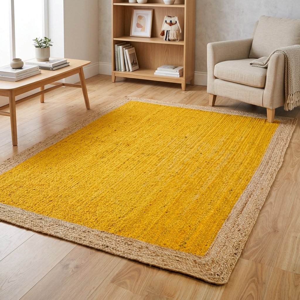 Gul flätad jute matta med naturlig kant Yellow braided jute rug with natural border