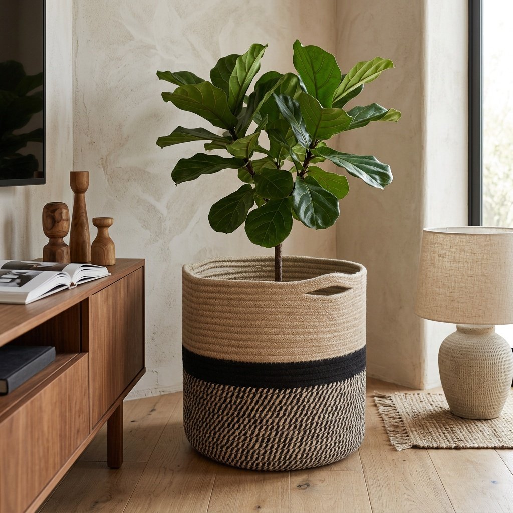 Växtkorg i svart och naturfärgad jute Black and natural jute plant basket
