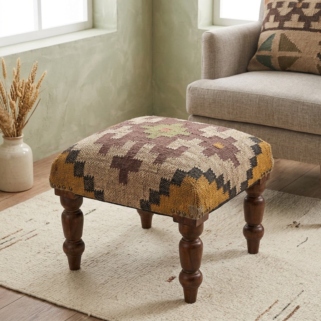 Elfenben fyrkantig utsmyckad fotpall i jute ottoman Ivory square ornate jute footstool ottoman