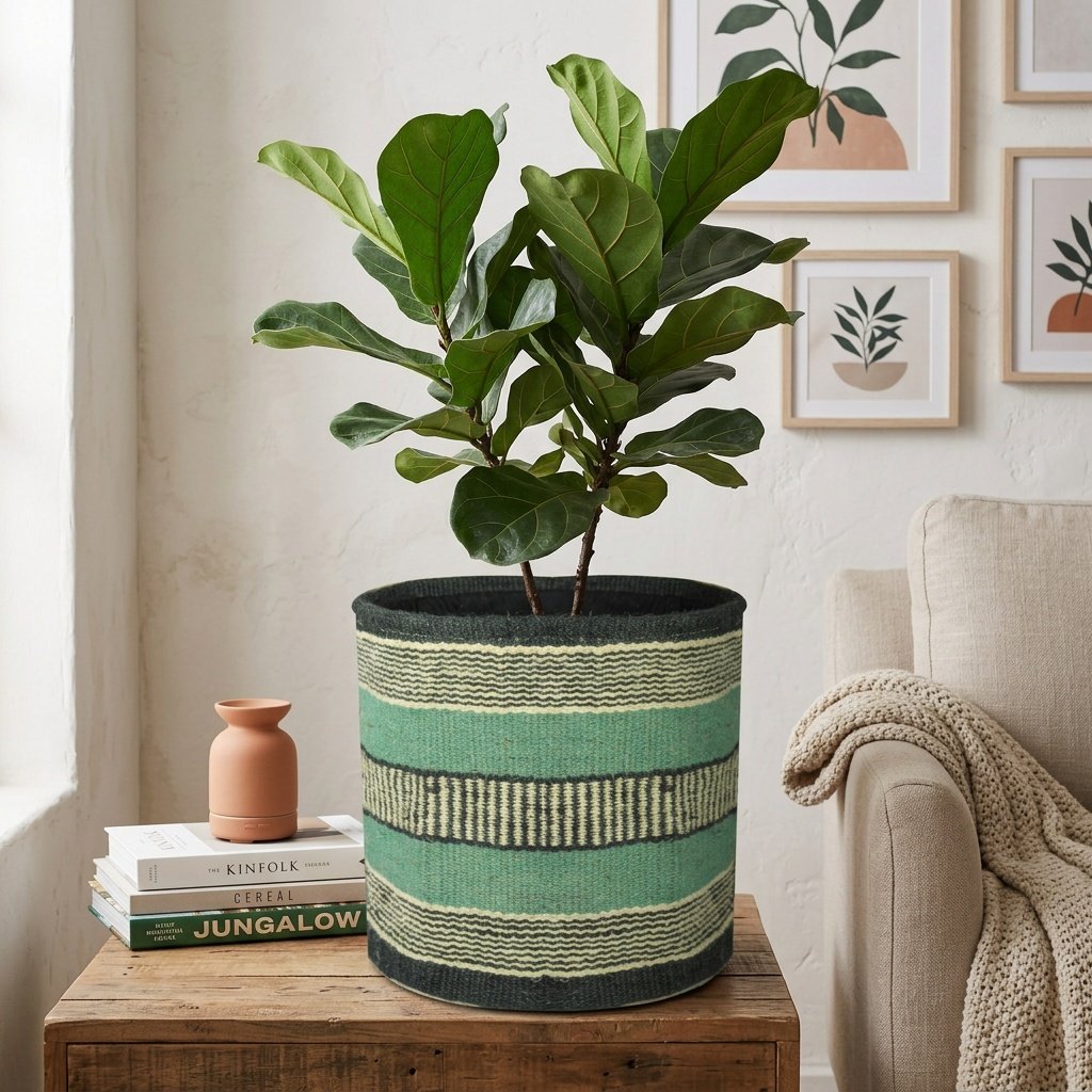Turkosrandig korg i jute Turquoise stripe jute basket