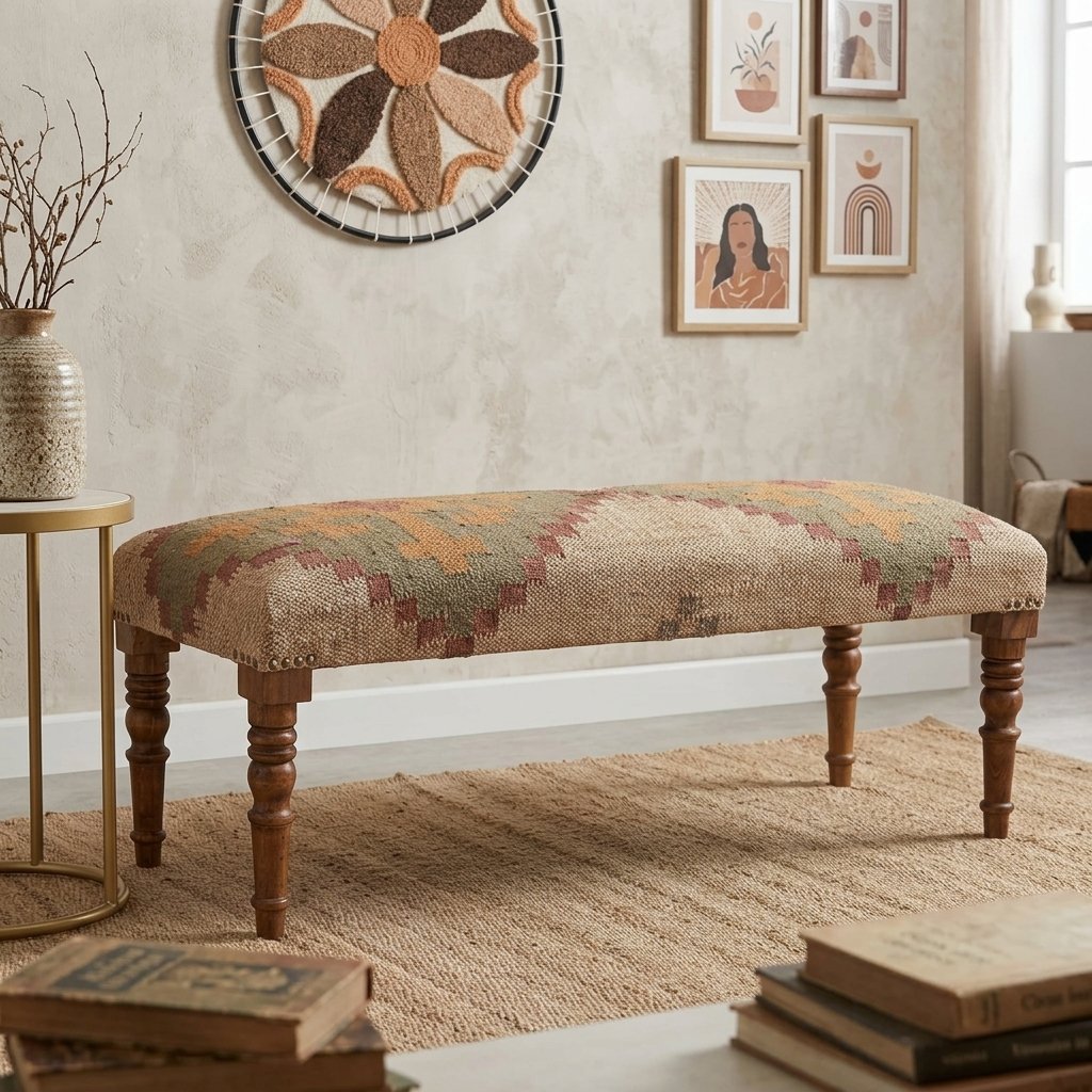 Stoppad ottomanbänk i ull och jute Upholstered wool and jute ottoman bench