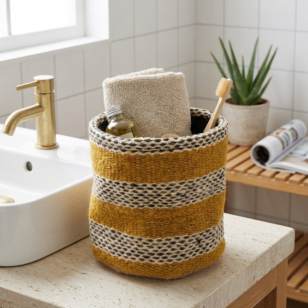 Gulrandig jutekorg för badrummet Yellow stripe jute basket for bathroom